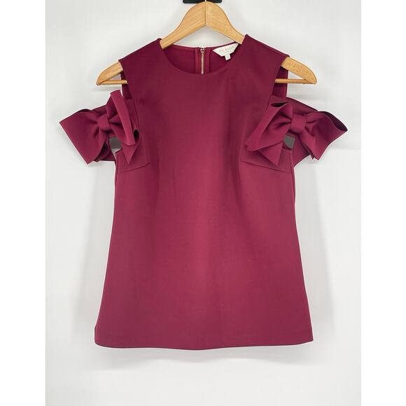 Ted Baker London Mendoll Bow Sleeve Cold Shoulder Maroon Top Classic Formal Glam - Picture 2 of 7